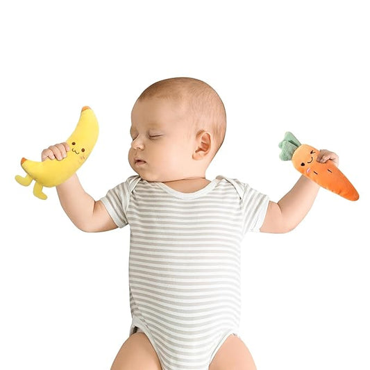Reidio 2 Pairs Carrots & Bananas Plush Rings Developmental Hand Grip Baby Sleep Soother Baby Shower Gifts 4Pcs