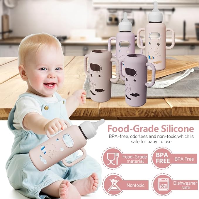 2 Pack Silicone Sleeves for Dr Brown's Glass Bottles, Drop Protection Bottle Sleeves with Handles, Anti Breakage Baby Bottle Protector Compatible with Dr. Brown's Newborn Glass Bottles,8 oz