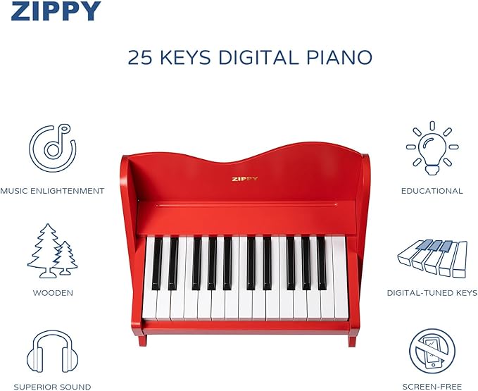 ZIPPY Kids Piano Keyboard, 25 Keys Digital Piano for Kids, Volume Adjustable, Mini Music Educational Instrument Toy, Wood Toy for Toddlers Girls Boys (Red)
