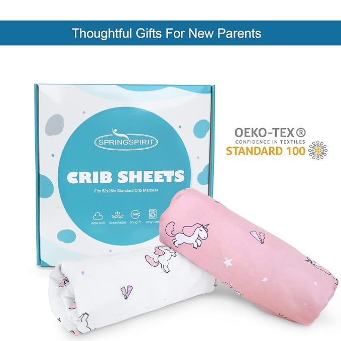 Girl Crib Sheets 2-Pack, Fitted 52'' x 28'' for Standard Crib & Toddler Mattress, Soft and Breathable Material, Neutral & Pink