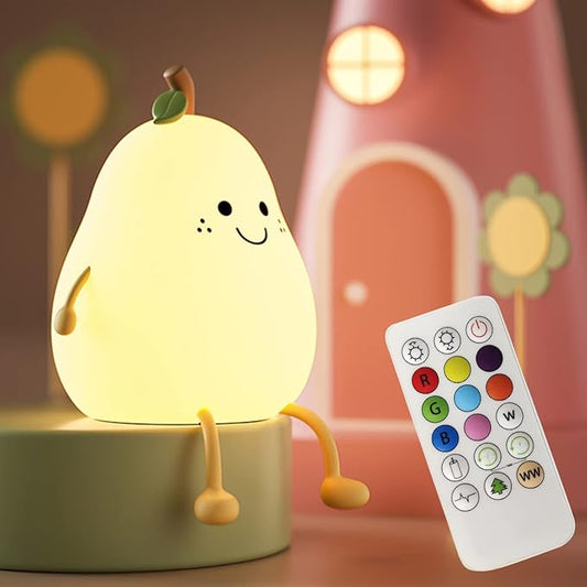 LED Cute Pear Night Light, Silicone Fruit Pear Lamp with Remote, Squishy Kawaii Bedside Cute Lamp, Adjustable Brightness NightLight for Bedroom, Rechargeable Soft Glow NightLight for Room Decoration