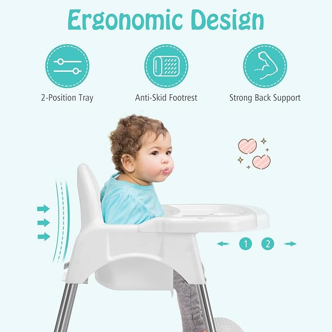BABY JOY Baby High Chair, 4 in 1 Convertible Highchair for Babies & Toddlers with Adjustable Legs, Double Removable Tray, Safety Harness & Footrest (White)