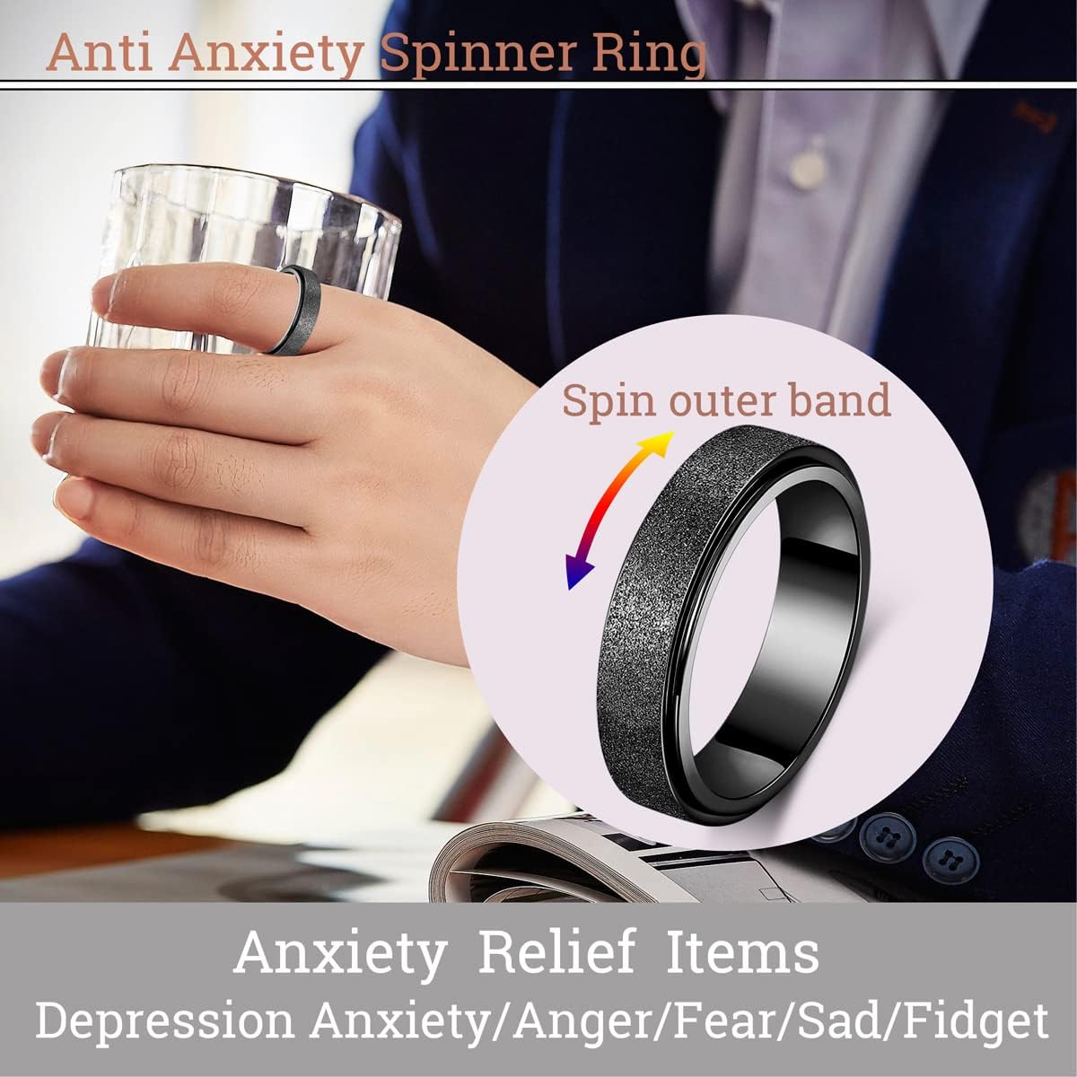 Anxiety Ring for Women Men, Titanium Stainless Steel Spinner Ring, 5 Colors, 6MM, Size 6-10, 3 Styles Anxiety Ring-Moon Star, Sandblasted Finished, Hollow Outer