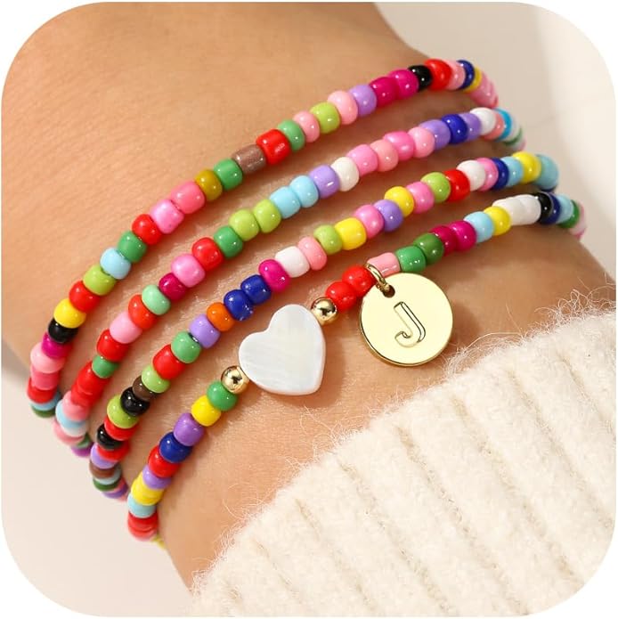 M MOOHAM 4PCS Initial Bracelets for Women Girls - Colorful Beaded Bracelet Heart Initial Bracelet for Women Stackable Layered Boho Bracelets Jewelry Gifts for Kids Teen Girl