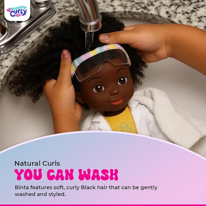 (Binta) Black Plush Doll – 14″ Soft African American Plush Rag Doll for Girls 3+ – Washable, Removable Lab Coat & Goggles – Inspires Confidence, STEM Learning & Representation – Gift Toy for Kids