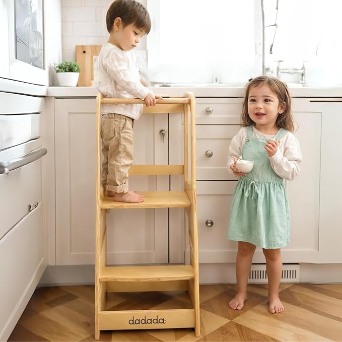 dadada Baby Montessori Toddler Tower - Adjustable Kitchen Step Stool for Kids with Safety Rail - Baby-Safe Finish, Encourages Cooking Skills and Independence - Graphite