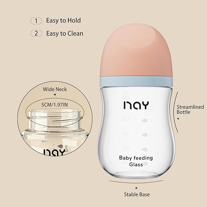 Natural Glass Baby Bottle Wide Neck, Anti-Colic Baby Bottle, Clear, 5.4oz(Pack of 4), Includes 4Pcs Natural Response Nipple(S), 1 Months+