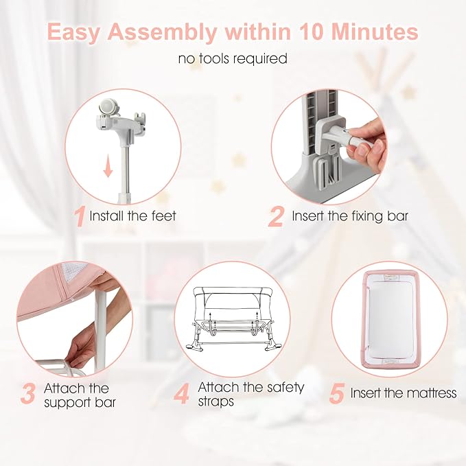 INFANS 3 in 1 Baby Bassinet, Bedside Sleeper for Newborn, Folding Crib with Mattress, Travel Bag, Wheels, 4-Sided Mesh, Easy to Assemble Cradle Co Sleeper Stationary, Rock (Pink)