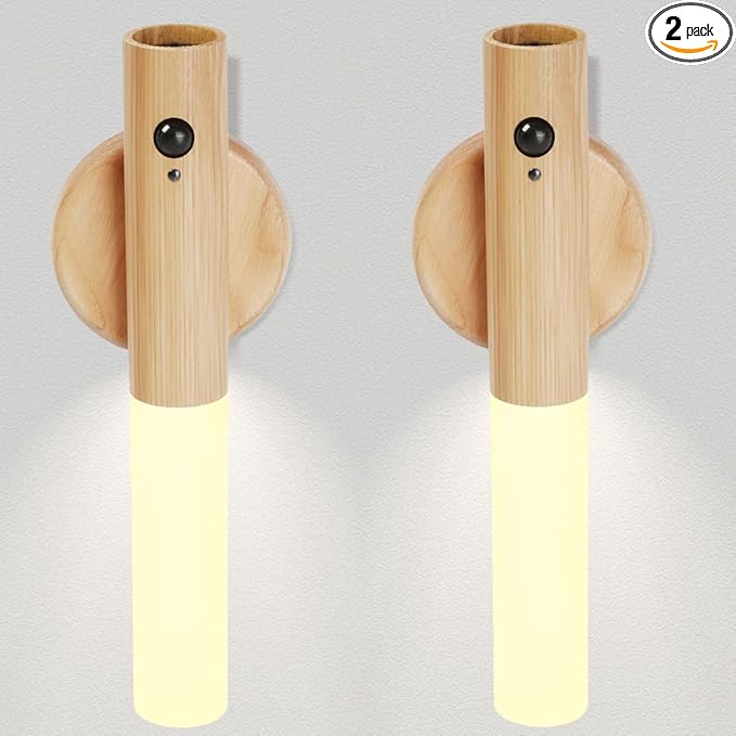 LANDGOO Nursery Night Lights 2 Pack - Baby Safe Motion Sensor with 2700K Warm Glow, Ash Wood Rechargeable Lamps for Bedroom & Nursery (Child-Safe Dual Room Coverage)