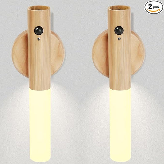 LANDGOO Nursery Night Lights 2 Pack - Baby Safe Motion Sensor with 2700K Warm Glow, Ash Wood Rechargeable Lamps for Bedroom & Nursery (Child-Safe Dual Room Coverage)