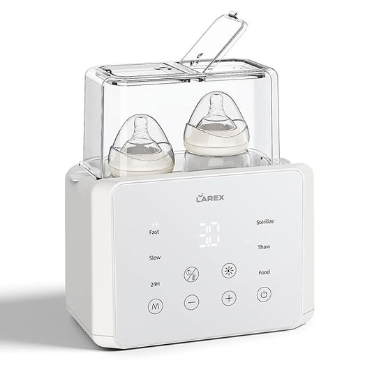 LAREX Double Bottle Warmer, 11-in-1 Fast Baby Bottle Warmer for Breastmilk and Formula, with Timer, Fits 2 Bottles, Accurate Temp Control, Milk Warmer with Thaw, Steri-lizing, Keep Warm, Heat Food