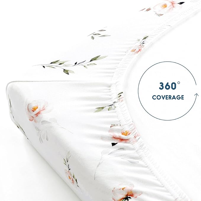 Stretchy Ultra Soft Jersey Knit Fitted Pack n Play Sheets Set 2 Pack, Portable/Mini Crib Sheets for Girls, Universal Fit for Pack N Plays Safe and Snug, Pink Rose Print