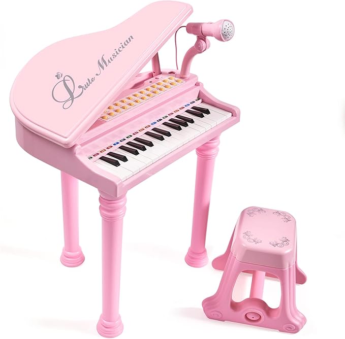 31 Keys Piano Keyboard Toy for Kids, Birthday Gift for 1 2 Year Old Girls，Pink Musical Piano Toy for Toddlers with Microphone and Stool