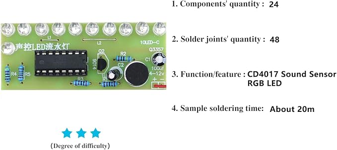 Soldering Practice Kit Sound-Activated LED Chaser Kit - DIY Soldering Project with 10 LEDs & Microphone Sensor (12V DC) for Electronics Beginners & STEM Education