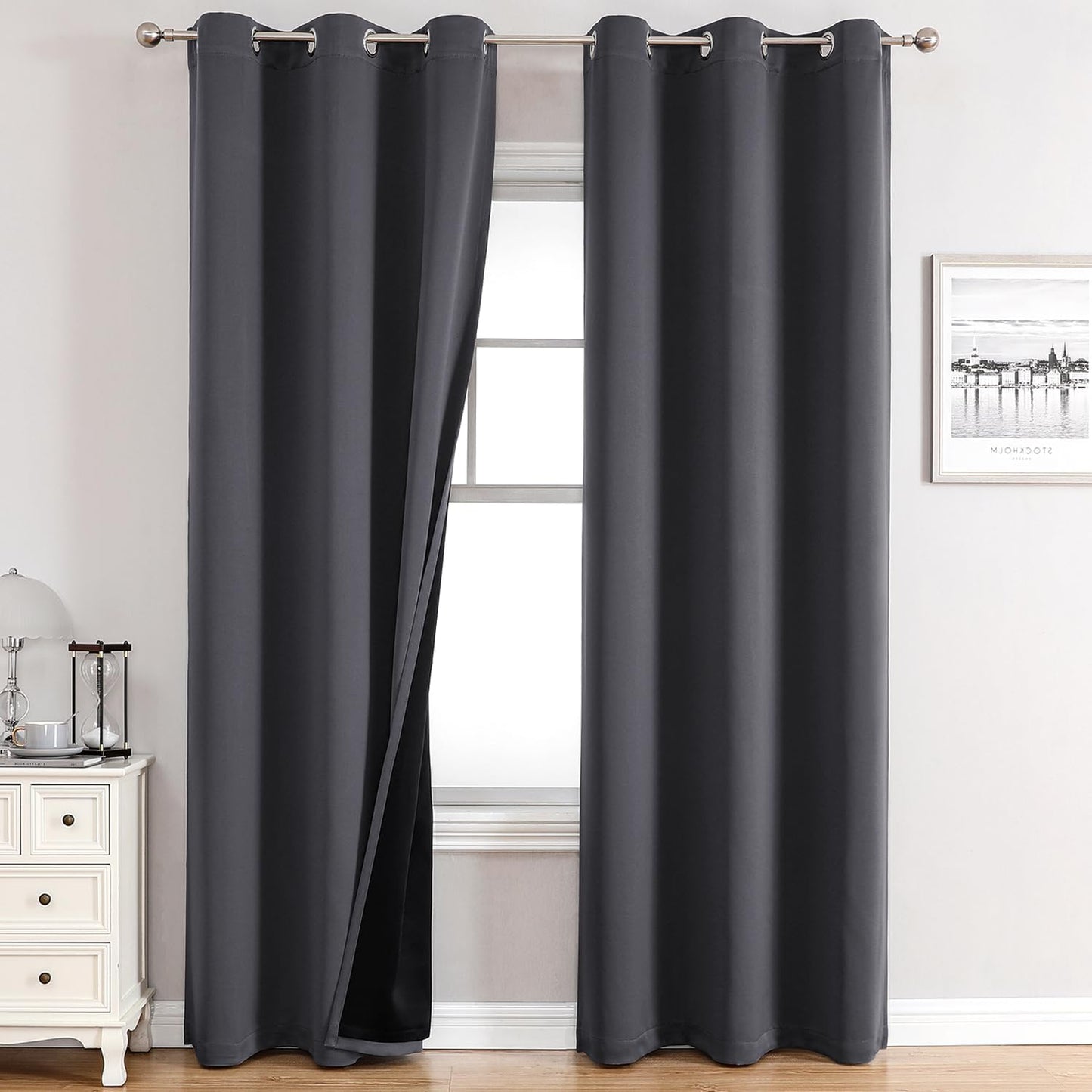 ChrisDowa 100% Blackout Curtains 84 inch Long for Bedroom with Black Liner, 2 Thick Layers Total Blackout Thermal Insulated Grommet Window Curtains 2 Panels Set (Dark Grey, 38 x 84 Inch)