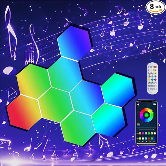 ODISTAR Hexagon Wall Light Panels (8 Pack)- Smart APP RGB Hexagonal LED Modular Lights with Remote Control,Music Sync Features for Gaming Rooms,Living Rooms, Bedrooms, DIY Enthusiasts and Gift Options