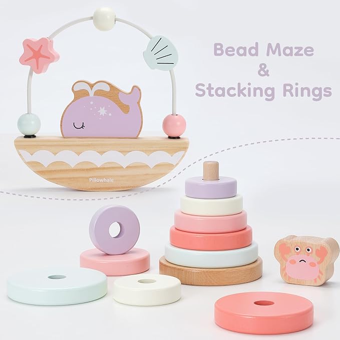 Sensory & Educational Wooden Toy Set for Toddlers 1-3 Years Old - Stacking Rings, Shape Sorter, Push Car, Bead Maze for Boys & Girl