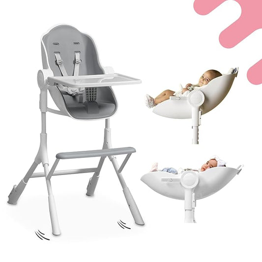 ORIBEL Cocoon Z High Chair & Baby Lounger | Perfect High Chair for Toddlers/Newborns | Glides Easily on All Surfaces | Secure Locks | Convertible Chair for Napping & Feeding (Ice Grey)