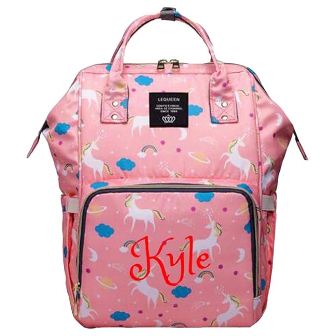 Personalized Large Diaper Bag Knapsack/Tote Bag/Backpack -Custom Monogram Embroidered for Infant/Baby Bag/ (Pink Unicorn)