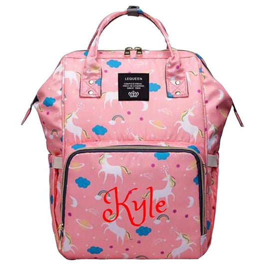 Personalized Large Diaper Bag Knapsack/Tote Bag/Backpack -Custom Monogram Embroidered for Infant/Baby Bag/ (Pink Unicorn)