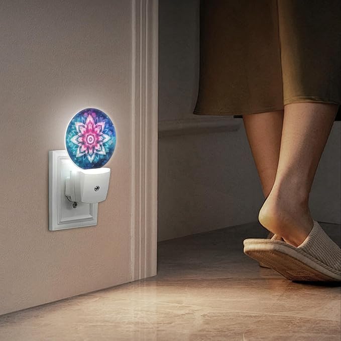 Round LED Night Lights Lamp with Dusk to Dawn Sensor, Mandala Flower with Pink and Blue Colors Night Light Plug Into Wall for Kids Room, Bedroom, Bathroom, Kitchen, Hallway