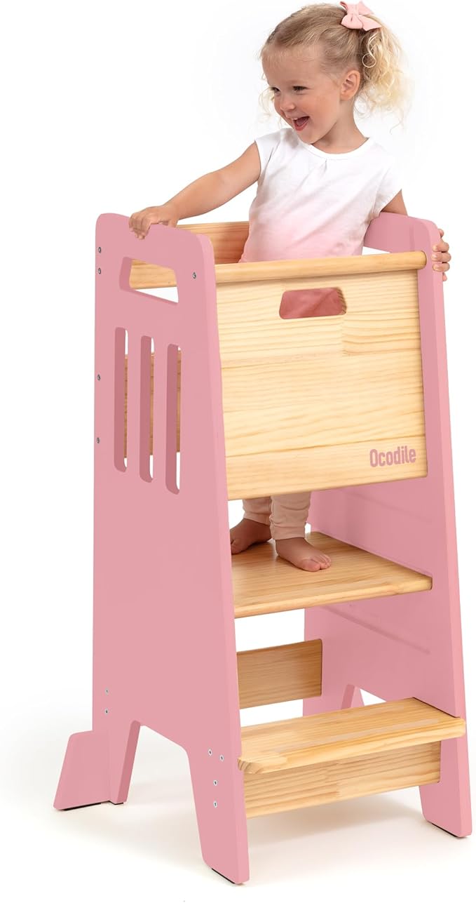 OCODILE Toddler Tower with a Sliding Door and 3 Adjustable Heights - Complete Toddler Kitchen Stool Helper with Support Feet - Safe Design for 18+ Months to 6-Year-Old Kids - Pink