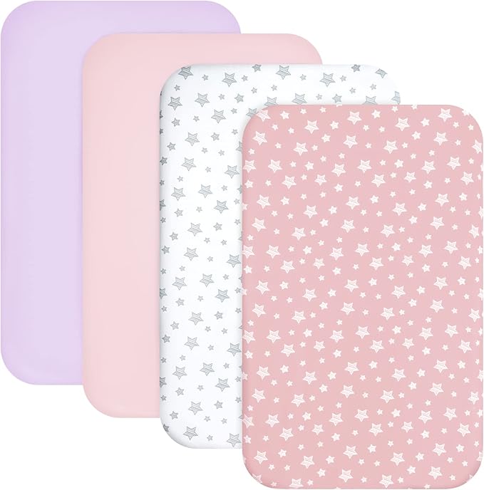 Mini Crib Sheets Fitted 4 Pack for Girls (38" X 24"), Compatible with Dream on Me, Delta Porta Crib and Arms Reach Ideal Cosleeper, Pink