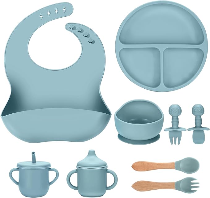 Silicone Baby Feeding Set 9 Pcs, Spill-Proof Suction Plate, Bowl, Bib, Silicone spoon&forks, Wooden Spoons&forks, Training cup with straw and Sippy Cup, Baby Eating Utensils (Blue)