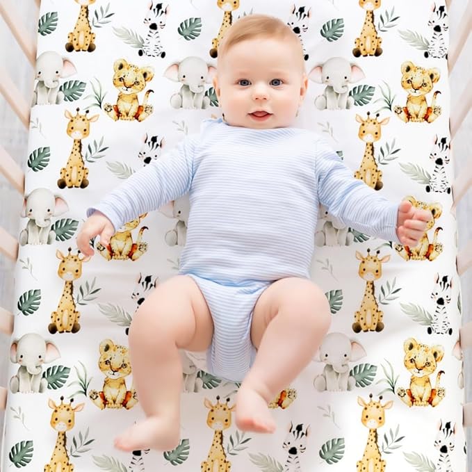 4 Pack Safari Jungle Animals Neutral Unisex Fitted Nursery Baby Sheets Set Toddler Mattress Sheets for Baby Boys or Girls (Crib Sheets)