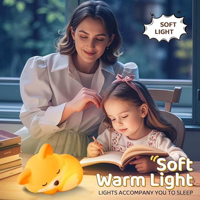 S NMT Cute Silicone Fox Night Light for Kids, Rechargeable Sleeping Nursery Nightlights with Timing Function for Christmas Gift, Dimmable Beside Decoration Lamp