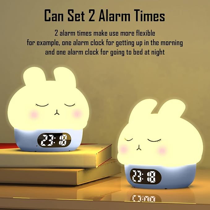Cute Bunny RGB Rechargeable Night Light, Soft Silicone Lampshade, Adjustable Brightness LED Clock, Date, Alarm, Thermometer, Timer, Tap Control, Bedroom Lamp, Gift for Girl and Kid (Blue Bunny)