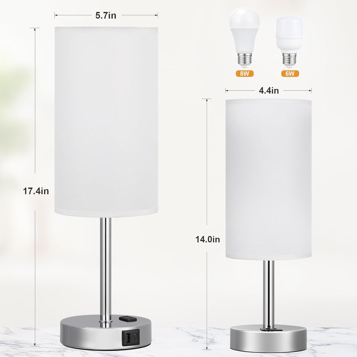 17.4Inch Bedside Touch Table Lamps for Bedroom - Tall Nightstand Lamp with USB-C USB-A Charging Ports White - 3 Way Dimmable Small Desk Lamp for Office, Dorm Room, Living Room, Reading