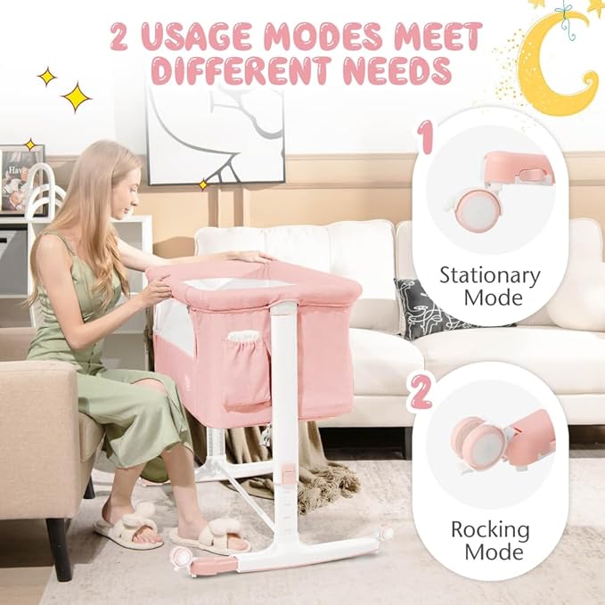 BABY JOY Bassinet Bedside Sleeper, 3 in 1 Folding Crib w/Adjustable Height, Mattress, Lockable Wheels, Storage Pocket & Carry Bag for Infant Newborn, Stationary & Rock, Portable Baby Bassinet (Pink)
