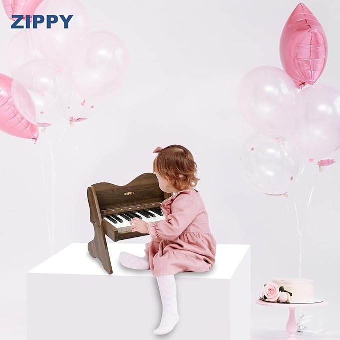 ZIPPY Kids Piano Keyboard, 25 Keys Digital Piano for Kids, Touch Sensitive Control Panel, Volume Adjustable, Mini Music Educational Instrument Toy, Wood Piano for Toddlers Girls Boys (Walnut)