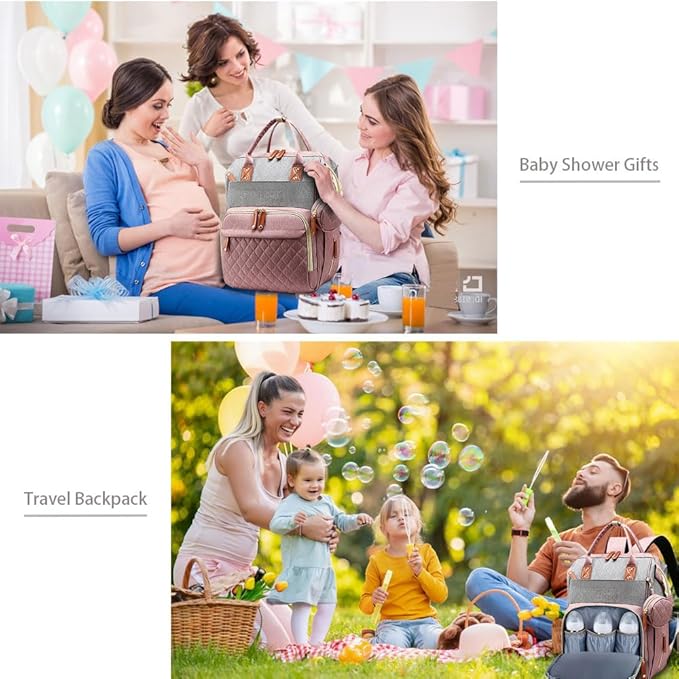 Diaper Bag Backpack Baby Bag, Baby Girl Boy Diaper Bag for Dad Mom with Pad, 16 Pockets, Pacifier Case, Large Diaper Bags Unisex for Travel(Pink Grey)