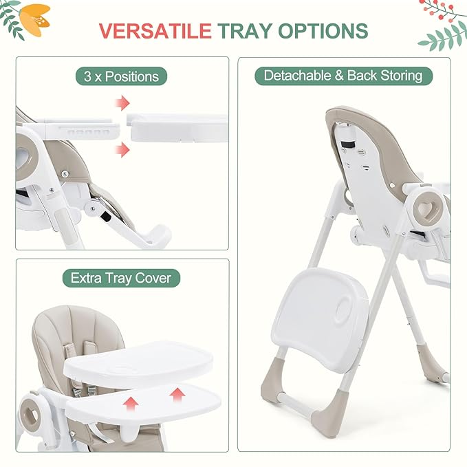 Foldable High Chairs for Babies and Toddlers, Adjustable Infant Baby Chair with Removable Tray and Non-Slip Foot Pads, Highchair for Children Aged 6 to 36 Months, Grey