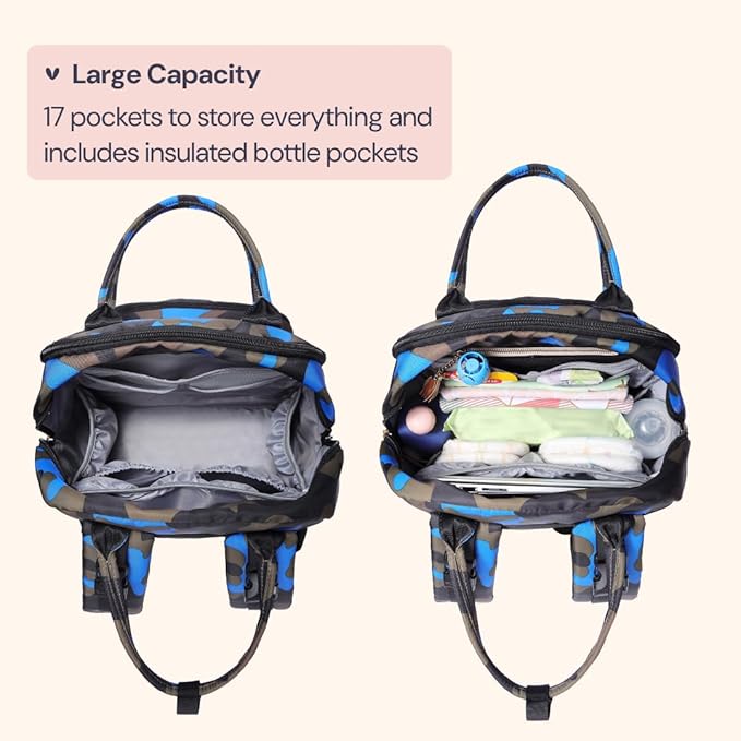 BabbleRoo Diaper Bag Backpack - Baby Essentials Travel Tote - Multi function Waterproof Diaper Bag, Travel Essentials Baby Bag with Changing Pad, Stroller Straps & Pacifier Case - Unisex, Blue Camo