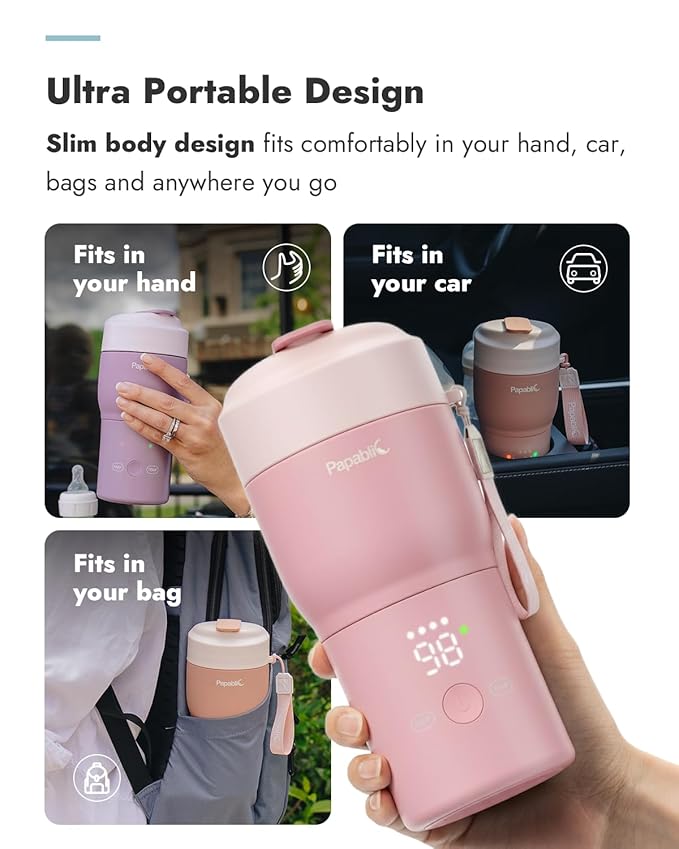 Papablic Pro Portable Bottle Warmer for Travel – Fast Heating, Built-in Sterilizer, 30W Fast Charge, 5-Temp Control, Easy-Clean Wide Mouth, Baby Milk Warmer for Breastmilk & Formula, Sakura Pink