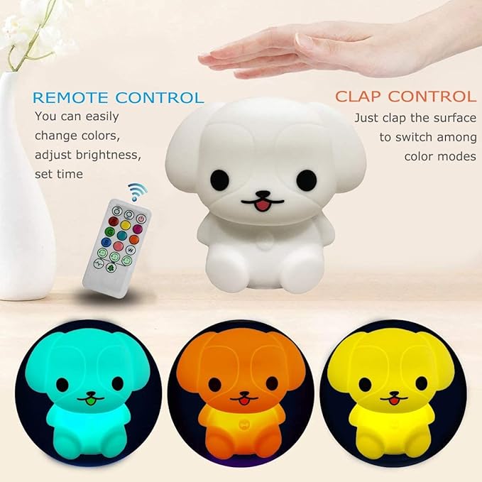 Night Lights Dog Silicone Bedside lamp for Children, Baby Nursery Light Decorative Lamps Decompression Light - Break Resistant/Eye Caring/Adjustable Brightness & Color/Time Setting - Medium