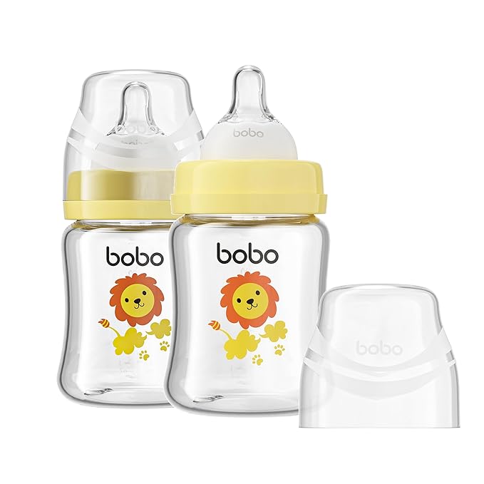 YOHKOH Glass Baby Bottles with Slow Flow Nipple, Newborn Anti-Colic Baby Bottles for 0+ Months, Wide Neck Feeding Bottle, Clear (Yellow, 5oz (Pack of 2))