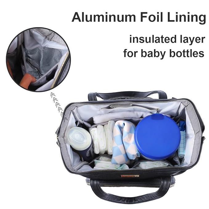 Diaper Bag Tote, with 12 Pocket Mom Bag, 16" Large Leather Baby Bags Convenient to Carry Diapers, Wet Wipes, and Bottles (Black)