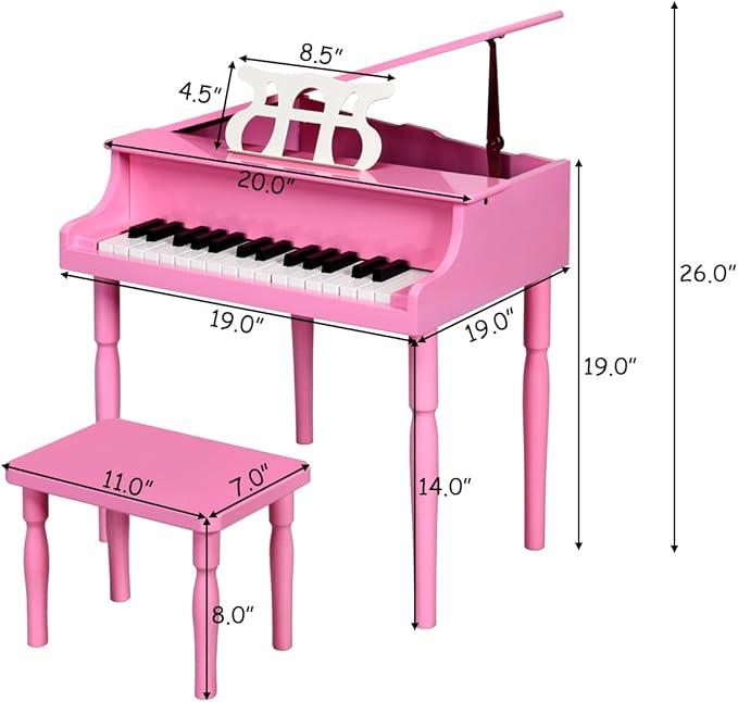 HONEY JOY Classical Kids Piano, 30-Key Mini Grand Piano with Music Stand and Bench, Wooden Musical Instrument Toy w/Lid & Music Rack, Gift for Boys Girls Ages 3+ (Pink)