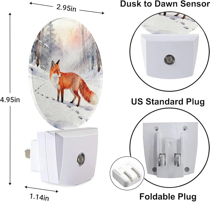 Winter Woods Landscape Night Light Fox in The Snow Dusk to Dawn Plug-in Nightlight Auto Sensor for Bedroom Bathroom Hallway Living Room