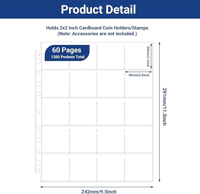1200 Pockets Acid Free Coin Sleeves, Fit for Coin Flips 2x2 inch, 60 Pack 3 Ring Binder Sleeves Clear Plastic Stamp Collecting Supplies, Non Stick and Non Glare