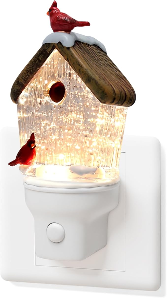 Christmas Birdhouse Night Light Plug into Wall Glitter Water Nightlight with USB/Outlet Options, Christmas Decorative Nightlight for Bedroom Kitchen Nursery Holiday Decorations Gifts (Birdhouse)