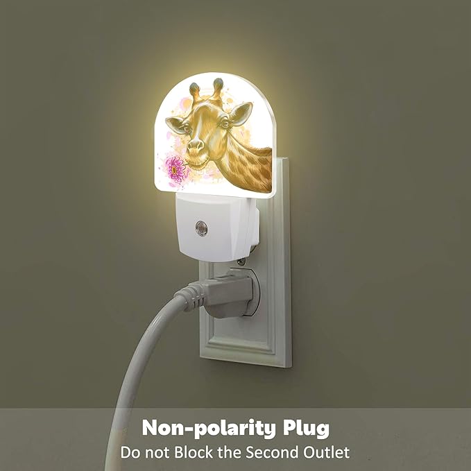 Cute Giraffe Bite A Flower Night Light, Watercolor Wild Animal Floral Dusk to Dawn Night Light Plug in,0.5w Energy Saving Sleep Friendly NightLight for Kids Boys Girls Home Decor
