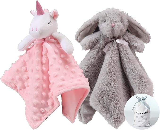 CREVENT Cozy Plush Baby Security Blanket, Loveys for Baby Girls and Boys, Birthday (Unicorn + Bunny)