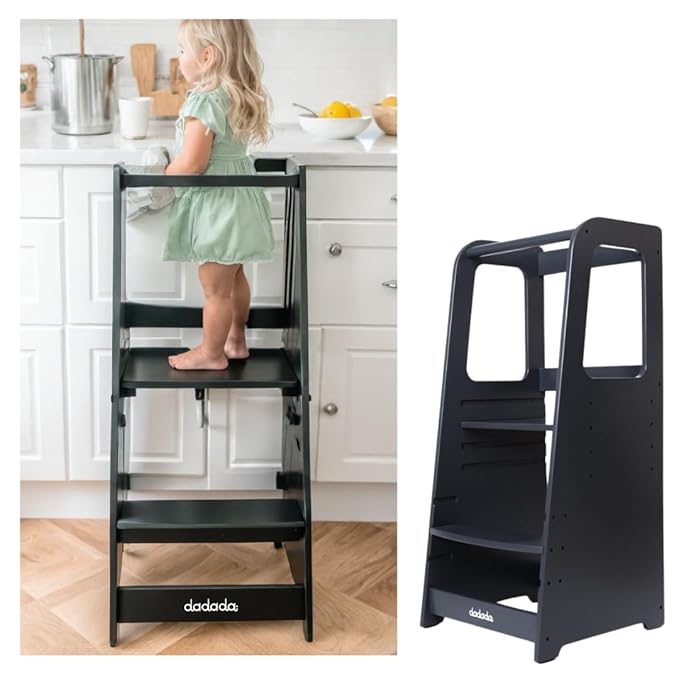dadada Baby Montessori Toddler Tower - Adjustable Kitchen Step Stool for Kids with Safety Rail - Baby-Safe Finish, Encourages Cooking Skills and Independence - Graphite
