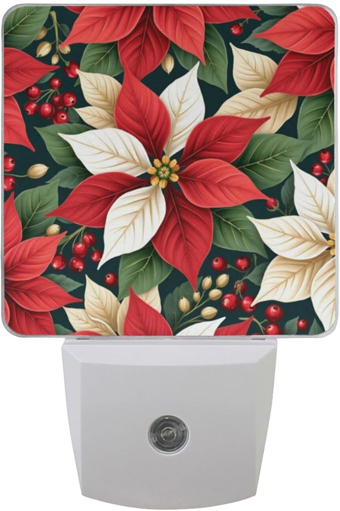 Aslsiy Night Light for Kids Red White Poinsettias Holly Leaves (5) Plug in Wall Lamp LED Dusk to Dawn Sensor Energy Saving Nightlight for Boys Girls Men Women