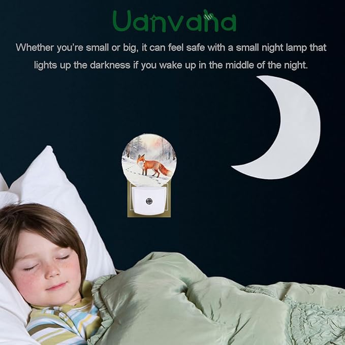 Winter Woods Landscape Night Light Fox in The Snow Dusk to Dawn Plug-in Nightlight Auto Sensor for Bedroom Bathroom Hallway Living Room